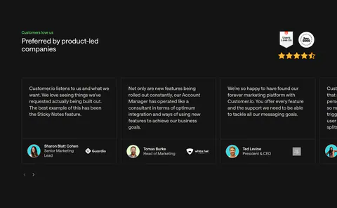 Customer.io testimonials section: charcoal carousel of quote cards with avatars and company logos, plus G2 and Inc. 5000 badges and stars