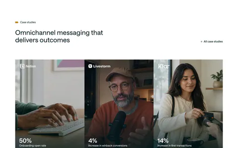 Customer.io testimonials section: headline and case studies link above three photo panels for Notion, Livestorm and Klar with large stats