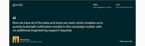 Customer.io testimonials section: dark teal quote card with Goody logo, two stats at top right, large quote and author avatar