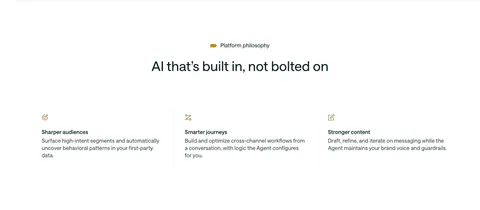 Customer.io value proposition section: centered headline above three icon columns describing audiences, journeys and content