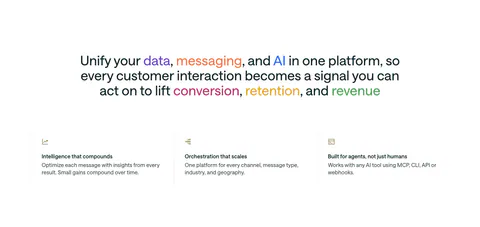 Customer.io value proposition section: centered statement with multicolored keywords above three icon columns of benefits