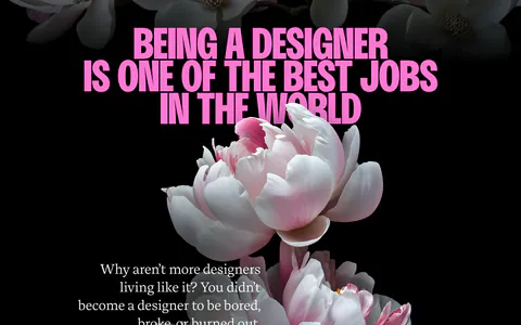 Dan Mall about & mission section: pink condensed headline over peony photos with a signed personal letter on black