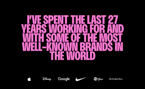 Dan Mall logo cloud section: huge pink uppercase statement above a row of white brand logos on black