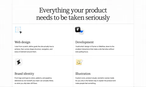Daniel Sun features section: centered serif headline above a bordered 2x2 grid of services with small icons on white