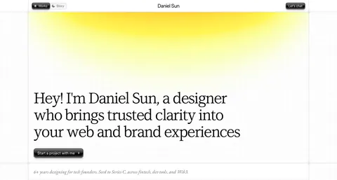 Daniel Sun hero section: left-aligned serif headline and dark pill button under a yellow glow on a faint grid-line background