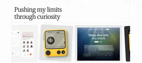 Daniel Sun other section: left serif headline above a horizontal carousel of exploration cards showing app and device mockups