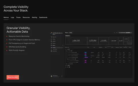 Dash0 features section: tab bar above a card with a bullet list and a dark metrics explorer screenshot on a near-black background