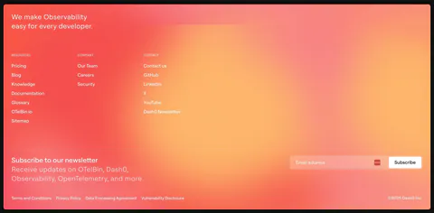 Dash0 footer section: link columns and a newsletter email field over a warm coral-to-orange gradient background