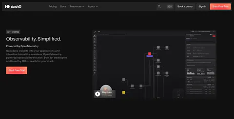 Dash0 hero section: left-aligned headline and Start Free Trial button beside a dark service map screenshot with a play video overlay