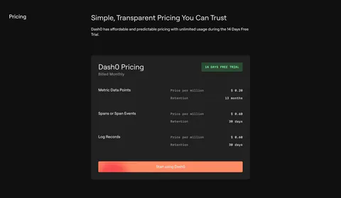 Dash0 pricing section: single dark pricing card listing per-million prices and retention for metrics, spans and logs with an orange CTA