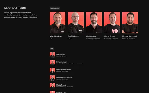 Dash0 team section: intro text on the left, a row of five founder portraits on coral backgrounds and a list of team members on near-black