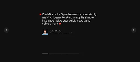 Dash0 testimonials section: single customer quote with avatar between prev/next arrows and pagination bars on a near-black background