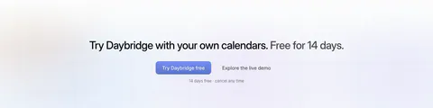 Daybridge call-to-action section: centered one-line headline with primary and secondary buttons over faint grid lines