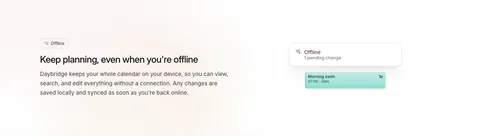 Daybridge features section: offline headline and copy on the left with a small offline status card and event chip on the right