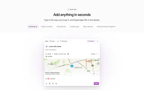 Daybridge features section: centered headline and example tab pills above a quick-add event dialog with a map preview