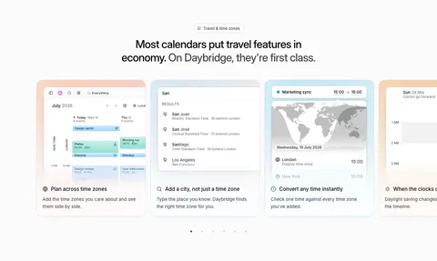Daybridge features section: centered headline above a carousel of pastel cards showing time zone UI, with pagination dots