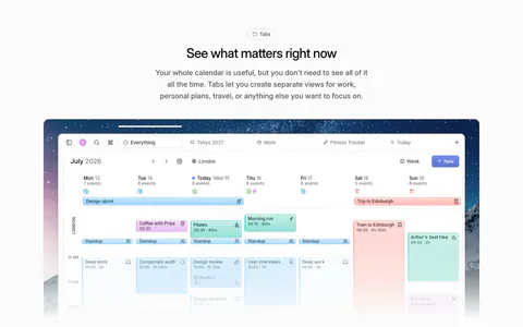 Daybridge features section: centered headline above a week-view calendar screenshot on a night sky image and three feature columns