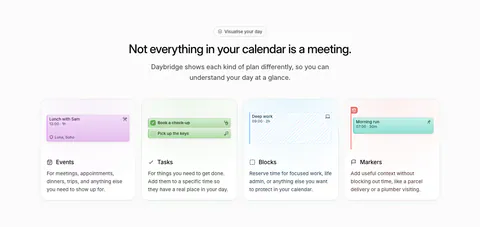 Daybridge features section: centered headline above four equal cards for events, tasks, blocks and markers with UI snippets