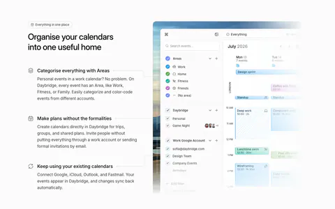 Daybridge features section: headline and three icon-led feature points on the left, calendar app screenshot with areas sidebar right