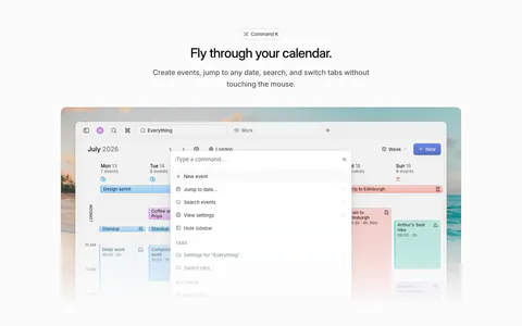 Daybridge features section: centered headline above a calendar screenshot with a command palette open, on a beach photo