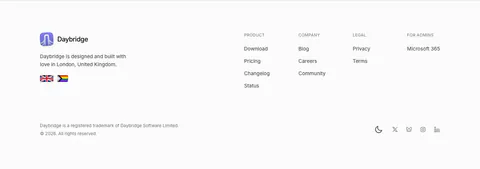 Daybridge footer section: logo, London tagline and flags on the left, four link columns right, trademark line and social icons