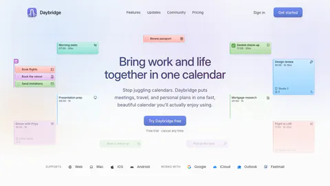 Daybridge hero section: centered headline and button surrounded by floating calendar event cards, with platform and integration row