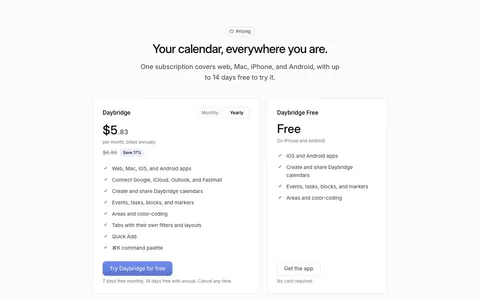 Daybridge pricing section: centered headline above two plan cards with a monthly/yearly toggle and a plan comparison checkmark table