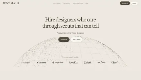 Decimals hero section: centered serif headline and buttons over a dotted wireframe globe with a customer logo row on a beige background