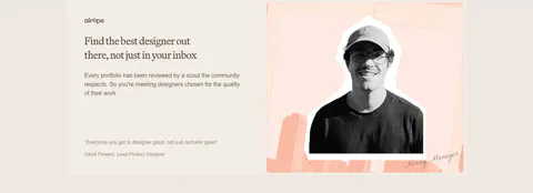 Decimals testimonials section: serif headline, copy and short quote on the left beside a cutout photo of a hiring manager on a peach collage