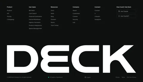 Deck footer section: six link columns with Ask Claude and Ask ChatGPT buttons above a full-width white DECK wordmark on black