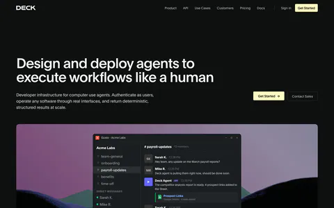 Deck hero section: dark page with headline left and buttons right above a chat app window over a rendered purple hill landscape