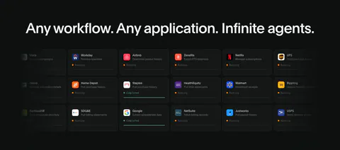 Deck integrations section: dark background with a wide headline above a grid of app task cards with running status, fading at the edges
