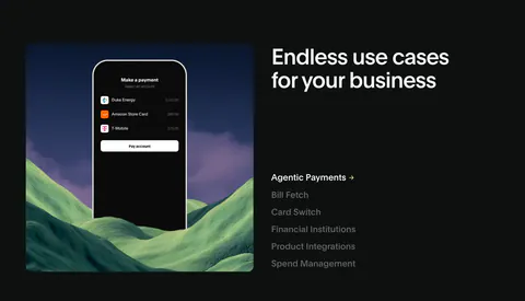 Deck use cases section: phone payment mockup over green hills at left, headline and vertical list of use case links at right, dark