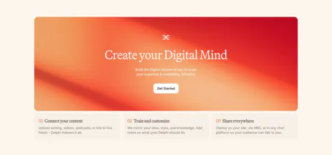 Delphi call-to-action section: centered serif headline and Get Started button on an orange-red gradient card above three numbered step cards