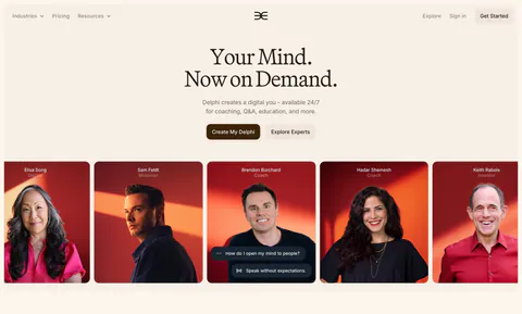 Delphi hero section: centered serif headline with two buttons above a row of expert portrait cards on red backgrounds, on a cream page