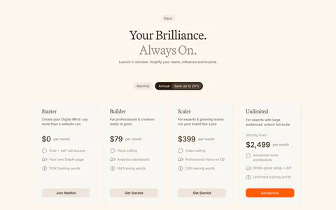 Delphi pricing section: centered serif headline, monthly/annual toggle and four plan cards with feature lists below on a cream background