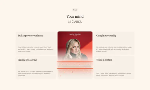 Delphi features section: centered serif headline above a bento of four trust cards around a tall portrait card with an encryption text effect