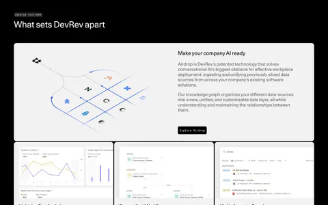 DevRev features section: headline over a bento of one wide Airdrop diagram card and three product UI cards for analytics, workflows and search