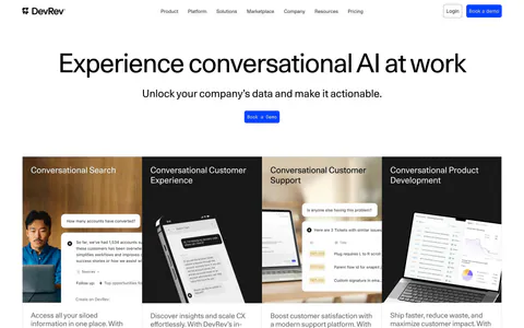 DevRev hero section: centered headline and Book a Demo button above four product cards mixing photos and conversational UI mockups