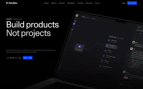 DevRev hero section: large left-aligned headline with two buttons beside an angled laptop showing a dark product interface on black