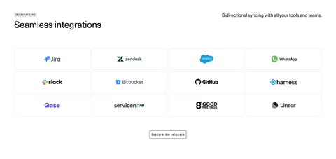 DevRev integrations section: headline above a 4x3 grid of bordered tiles with Jira, Slack, GitHub, Salesforce and other app logos