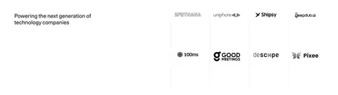 DevRev logo cloud section: short headline on the left beside a two-row grid of eight grayscale customer logos separated by thin lines