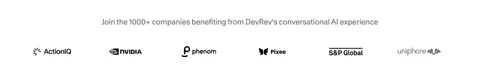 DevRev logo cloud section: centered gray caption above a single row of six monochrome customer logos on white