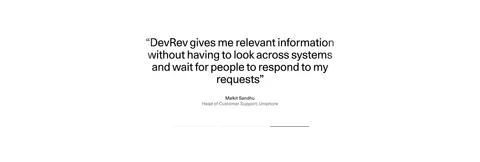 DevRev testimonials section: centered large customer quote with name and title above three pagination bars on a plain white background