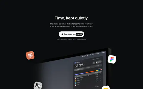 Dial hero section: centered headline and Download for macOS button above a tilted Mac screen with timer UI, floating app icons and a stats bar