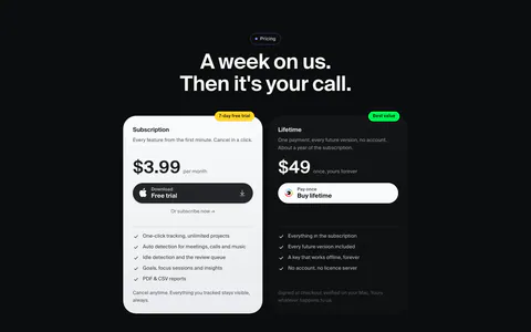 Dial pricing section: dark centered headline above two plan cards, a light $3.99 monthly subscription and a dark $49 lifetime option