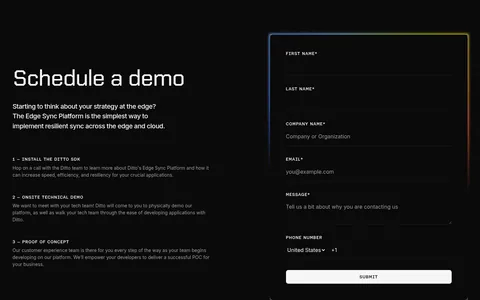 Ditto contact section: headline and three numbered demo steps on the left beside a dark form with a glowing border on a dotted black background