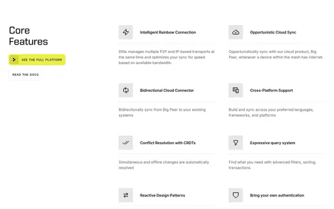 Ditto features section: left headline with yellow and outline buttons beside a two-column list of eight icon-led features on white
