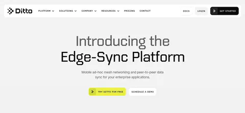 Ditto hero section: rounded nav bar above a centered two-tone headline and yellow and outline buttons on a dotted light gray background