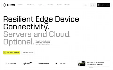 Ditto hero section: oversized two-tone left-aligned headline with yellow CTA, airline logo strip and a news card on a dotted white background